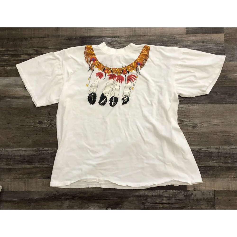 90s Native American Indian Feathers Beads Necklace Western T Shirt XL